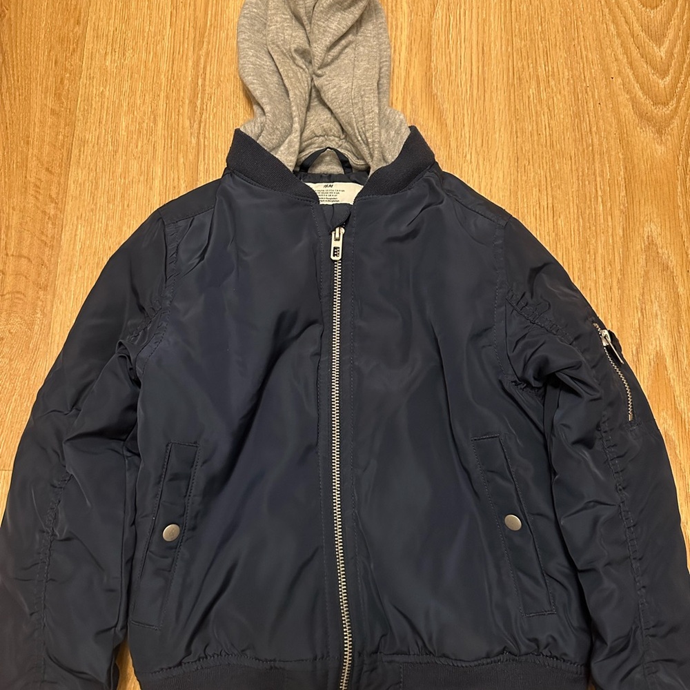 H&M Dark Blue Kids Puffer Jacket with Light Gray Hood